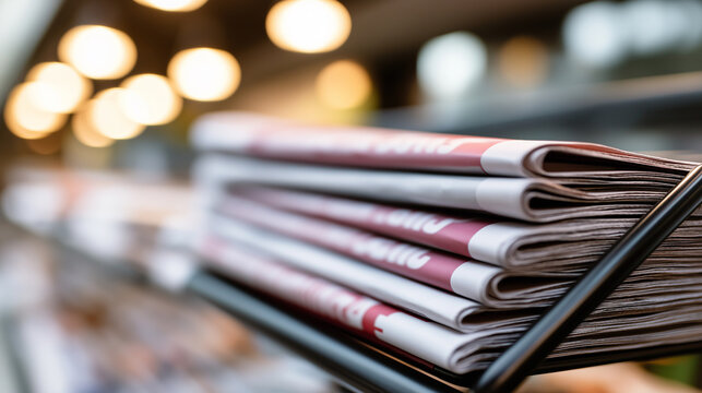Stack of folded newspapers in a metal rack highlighting print journalism, daily news, publishing, media distribution, and information delivery.