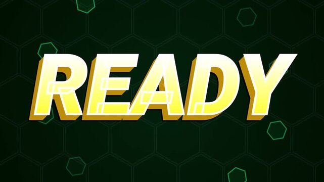 Anticipation preparation motivation commencement competition sport gaming start bold yellow ready letter typography animation loop over dark green hexagonal graphic design pattern background.
