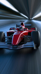 Naklejka premium Red Formula racing car charging through a high-speed circuit with dramatic motion blur capturing elite motorsport, cutting-edge engineering, and adrenaline-filled competition.