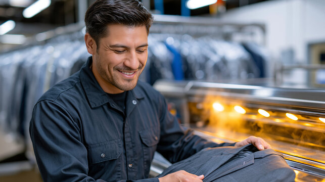 Candid editorial photograph inside busy dry cleaning facility, presser operating industrial steam pressing machine on suit jacket, hanging garment conveyor system loaded with plast