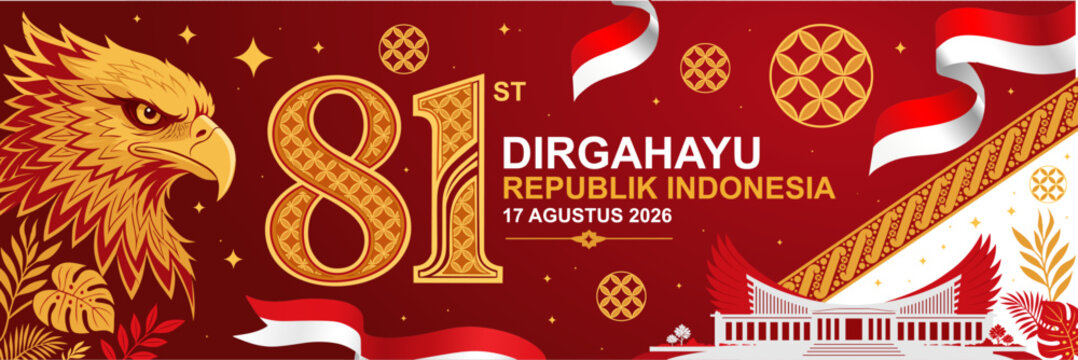 Indonesia Independence Day horizontal banner template. Features a powerful golden Garuda eagle mascot and bold 81st batik typography. Translation: Happy 81st Anniversary Indonesia