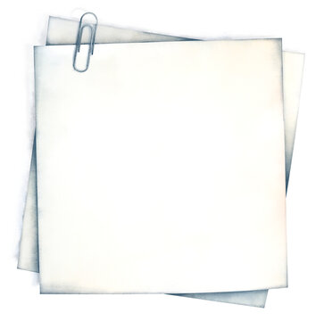 Delicate watercolor hand drawn two square blank paper sheets attached with paperclip at top corner, soft shadow, isolated on white background. Clean simple illustration, template with copy space
