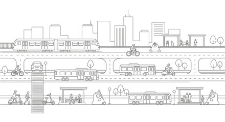 Obraz premium Urban transportation system with various vehicle types and cityscape illustration