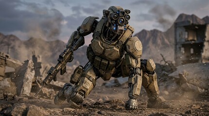Fototapeta premium Advanced Combat Robot with Multiple Lenses and Weapon in Ruined Landscape