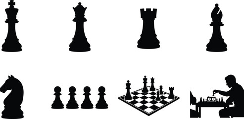 Chess Game Silhouette Icon Set with Pieces Board and Strategy Concepts © SHAMIM