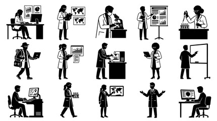 Obraz premium Science Research and Technology Glyph Icons Set: Scientists, Data Analysts, Lab Professionals Black White Vector
