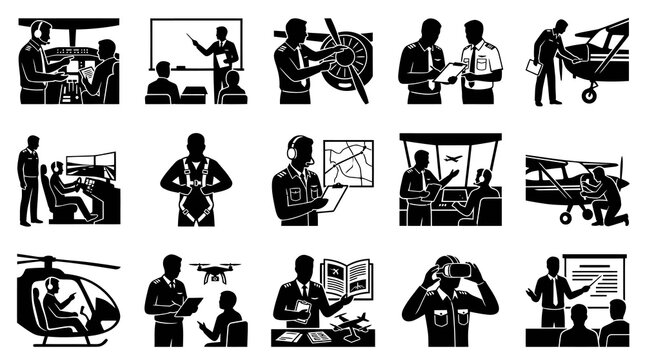 Aviation Pilot Training and Professional Careers Glyphs - Black  White Icons Set