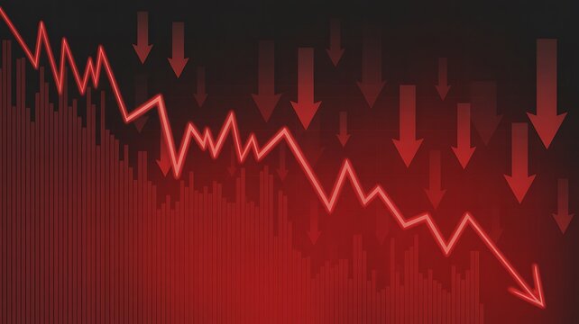 Red, declining stock market graph, falling trend line, downward arrows, financial crisis