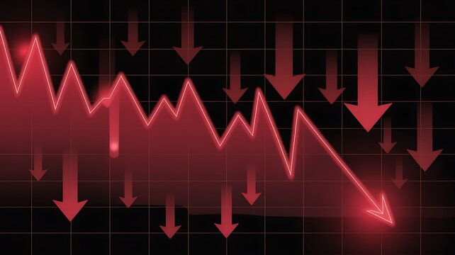 Declining graph, red downward trend, falling chart, business crisis