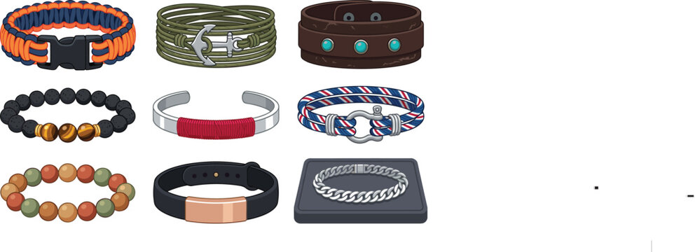 Men's Bracelet Icon Set featuring Paracord, Braided Leather, Anchor Charms, Lava Beads, and Metallic Cuffs for Fashion, E-commerce, and Accessory Retail Graphic Designs