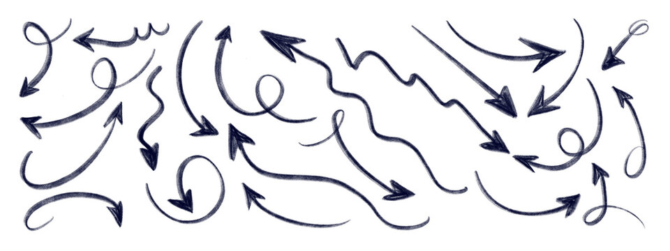 Set of black hand drawn arrows and a target arrow , doodle pointers isolated on transparent background.