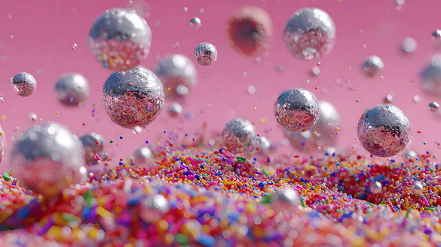 Shiny silver spheres floating above vibrant field of colorful candy sprinkles, creating playful and surreal abstract scene with pink background
