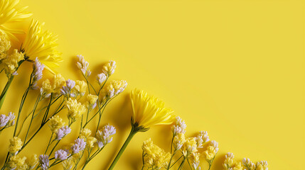 Obraz premium Yellow and white spring flowers arranged in a minimalist row on a pastel background representing seasonal freshness, natural elegance, and floral harmony.