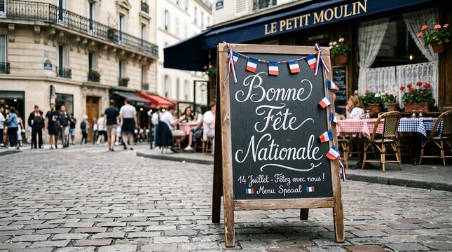 Paris street cafe with Bonne Fete Nationale chalkboard sign, Bastille Day celebration