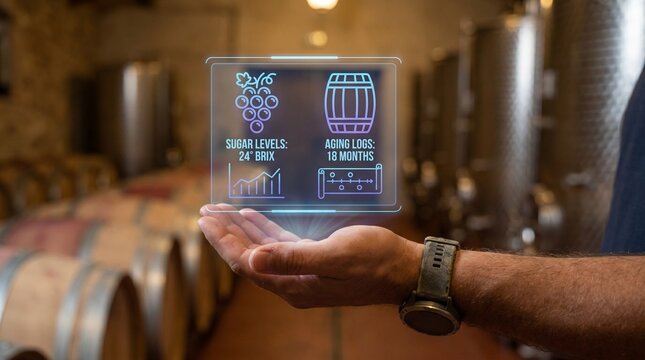 Winemaker holding a futuristic holographic interface displaying wine production data in a cellar with barrels editable vector file