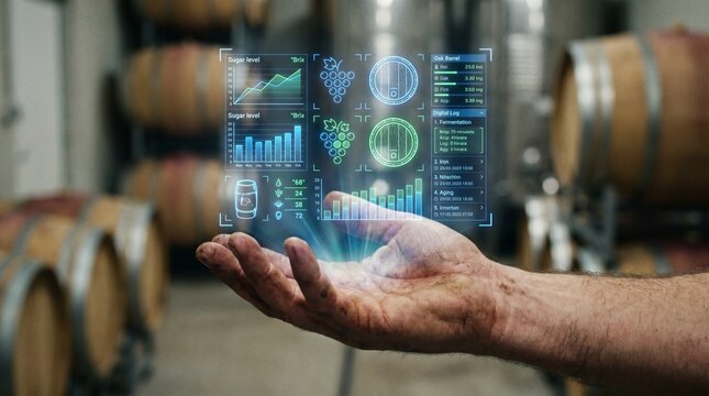 Closeup of a winemakers hand holding a futuristic digital holographic interface displaying wine production data in a cellar editable vector file