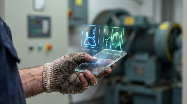 Technician holding a transparent holographic display showing elevator maintenance data in a machine room editable vector file