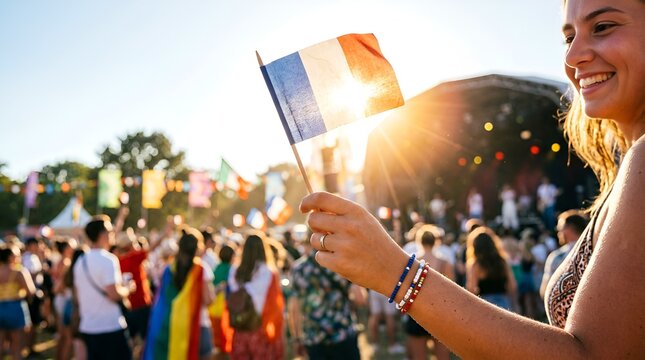 Young Woman Waves French Flag at Outdoor Music Festival