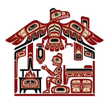 Indigenous style art of a home with a bird and fire