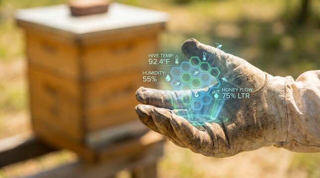 Beekeeper holding a digital holographic interface showing hive data analytics like temperature, humidity, and honey flow in an apiary editable vector file