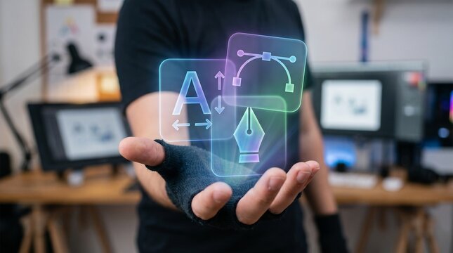 Graphic designer holding digital icons of typography, pen tool, and vector path in a creative studio workspace editable vector file