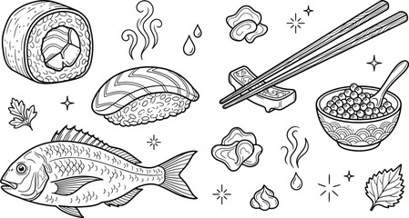 Japanese sushi food traditional vector elements doodle set with roll nigiri fish chopsticks caviar bowl ginger and wasabi © Mstshneha
