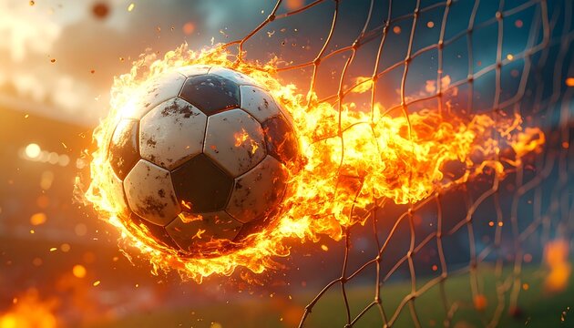 Soccer ball on fire in goal net.