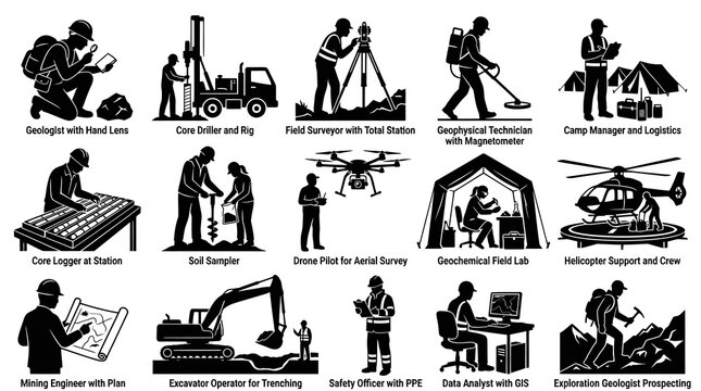 Mining and Geological Exploration Glyph Vector Icons Set - Field Work, Roles, Equipment and Process Silhouettes