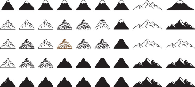Set of black and white mountain silhouettes and line