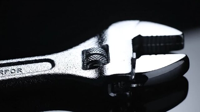 A close-up view of a shiny adjustable wrench on a reflective surface