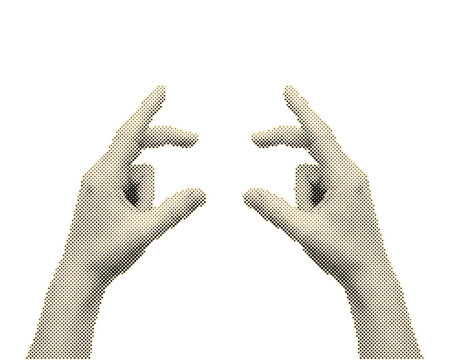 Two hands pointing at each other in a confrontational gesture vintage retro halftone vector with circle dots pattern isolated on transparent backgr...