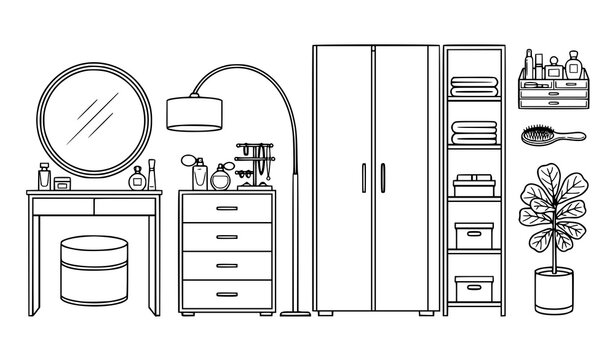 Bedroom and dressing room furniture vector line art set with wardrobe, vanity table, and decor