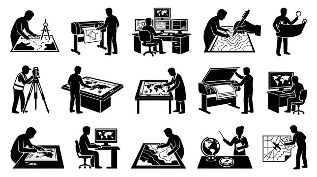 Cartography  Surveying Icons: People Mapping, Drafting, Printing, GIS, Topography