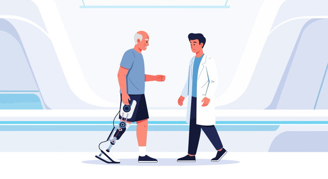 Doctor helps elderly man with prosthetic leg in futuristic medical setting
