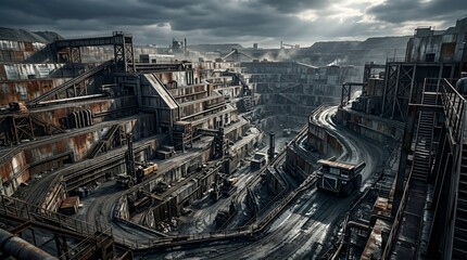 Fototapeta premium Vast Open-Pit Mine Landscape with Heavy Machinery and Industrial Structures