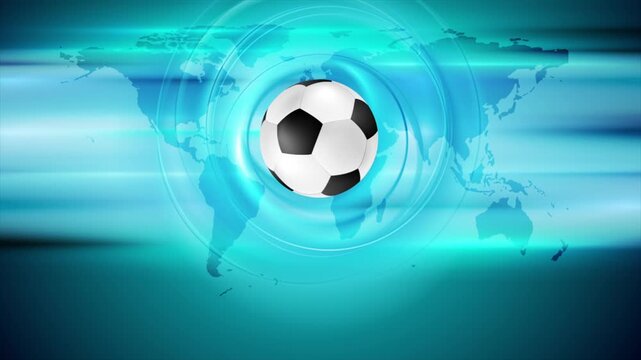 Futuristic football broadcast background with soccer ball, world map and glowing blue light effects. Sport abstract motion design. Seamless loop. Video animation Ultra HD 4K 3840x2160