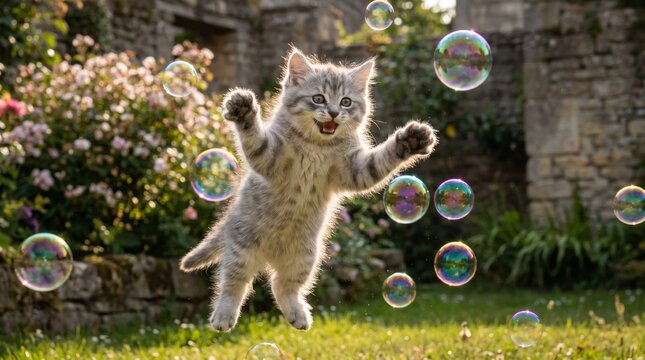 A playful gray tabby kitten frolics in a sunny garden, surrounded by floating bubbles, with a stone wall and blooming flowers in the background.