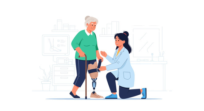 Senior woman with prosthetic leg receiving rehabilitation assistance from nurse