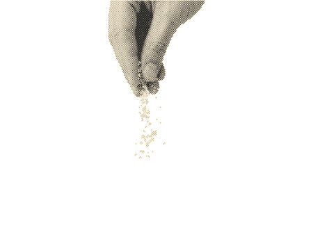 Hand sprinkling salt from fingertips in vintage retro halftone vector with circle dots pattern isolated on transparent background