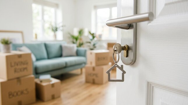 A shiny silver door handle with a metal house shaped keychain attached to a key while the door is slightly ajar in a bright room.