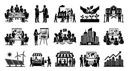 Obraz premium Black and White Business Icons: Meetings, Growth, Buildings, Energy, and Finance