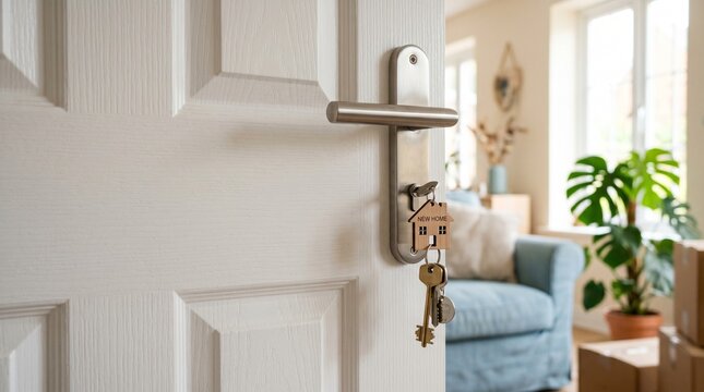 A modern metallic door handle features a decorative house shaped keychain with metal keys hanging from the lock of a clean white interior residential room door.