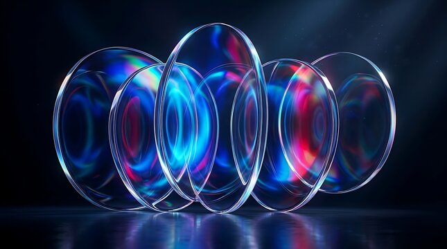 Abstract composition of glowing glass lenses with vibrant light refractions