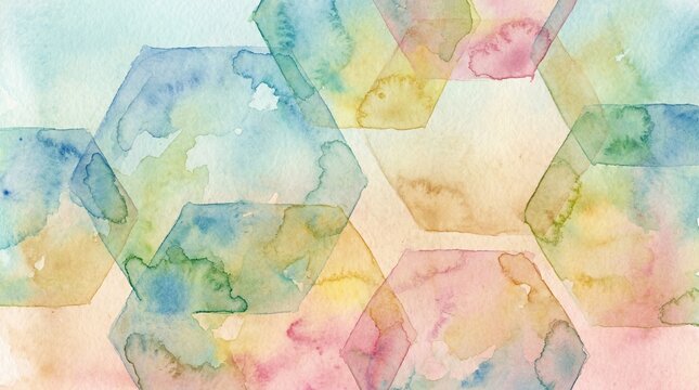 Abstract watercolor background with soft pastel hexagonal shapes and fluid paint textures editable vector