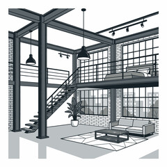 Modern industrial loft interior with steel beams and large windows © Lunara