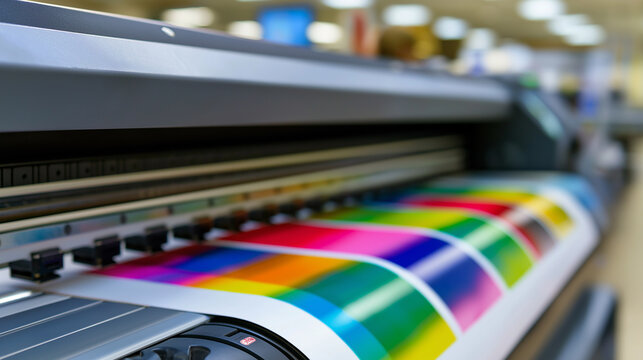 Large format printer producing vibrant full color prints in a modern print shop, representing commercial printing, graphic production, and digital print technology.