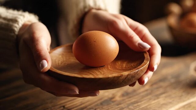 A person holds a brown egg on a wooden plate on a table.