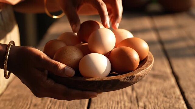 A person holds a wooden bowl of assorted brown and white eggs on a rustic table.