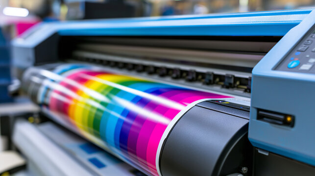 Large format printer producing vibrant full color prints in a modern print shop, representing commercial printing, graphic production, and digital print technology.