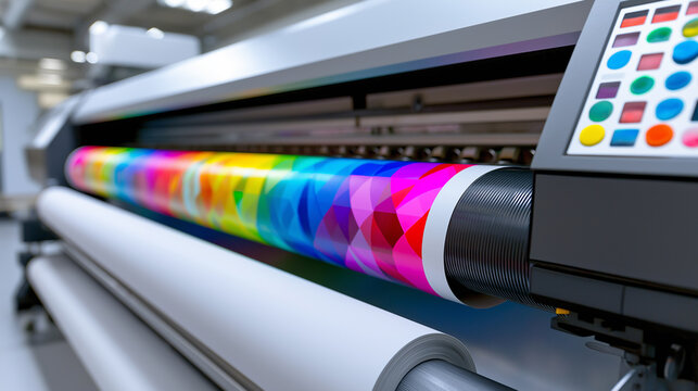 Large format printer producing vibrant full color prints in a modern print shop, representing commercial printing, graphic production, and digital print technology.